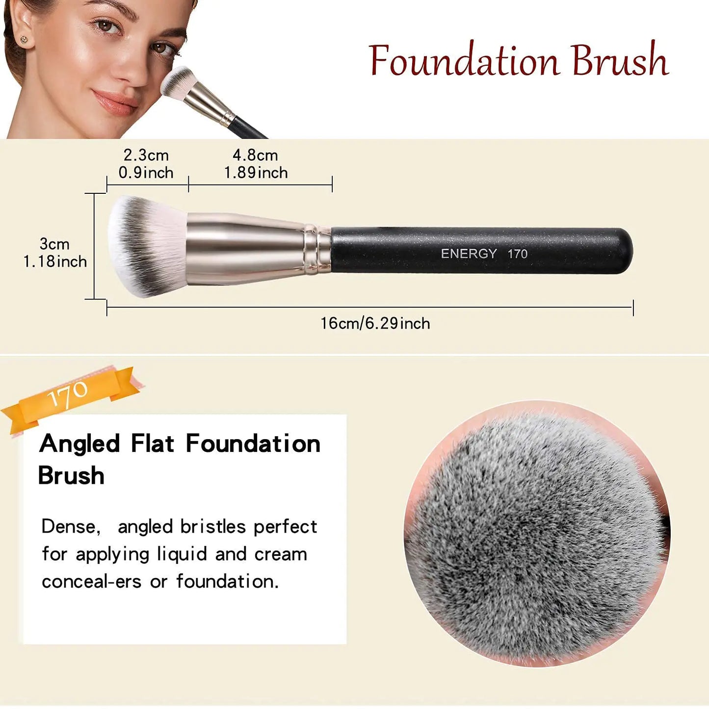 ENERGY Foundation Brush for Liquid Makeup Premium Makeup Brush for Flawless Liquid Cream Foundation Powder Cosmetics Blending Buffing Contouring Vegan Face Brush 170 Large-170